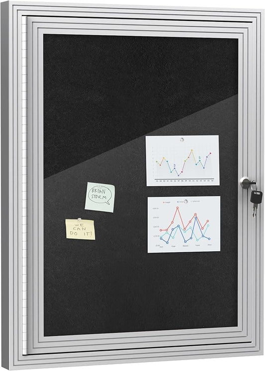 Mifuro 26"x20" Enclosed Bulletin Board, Outdoor Lockable Weather-Resistant Aluminum Cork Noticeboard for School & Office, Silver Frame w/Black Flet