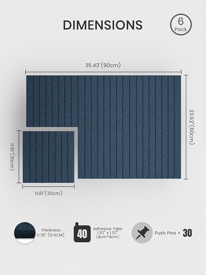 Bumusty Large Cork Board Alternative-36 x 24" Felt Bulletin Board Tiles, with 30 Pushpins, 40 Adhesive Tabs, 6-Pack Slat Wall Paneling, Cork Boards for Office Push Pin Board Felt Board-Navy Blue