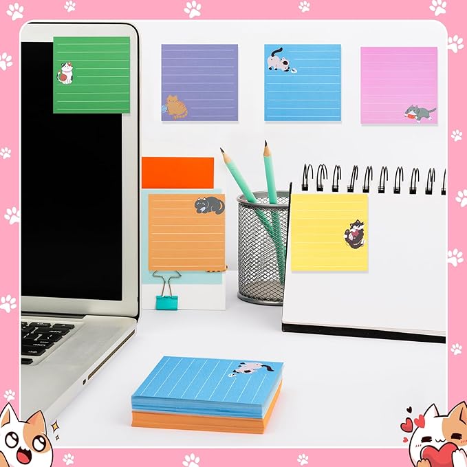 24 Pack Cat Sticky Notes, 6 Colors Lined to Do List Notepads, 3 x 3in Cute Animal Self-Stick Notes with Lines for Office, School (960 Sheets)