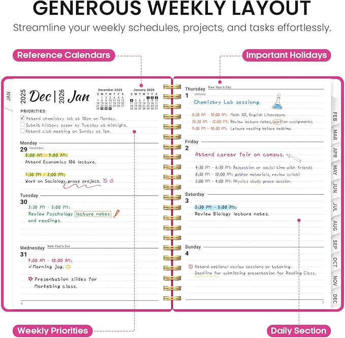 2026 Planner, Weekly and Monthly Calender Planner, Jan 2026 to Dec 2026, Hardcover 2026 Calendar Book with Tabs & Inner Pocket, Office Home School Supplies for Women & Men - A4 (8.5" x 11"), Fuchsia Pink