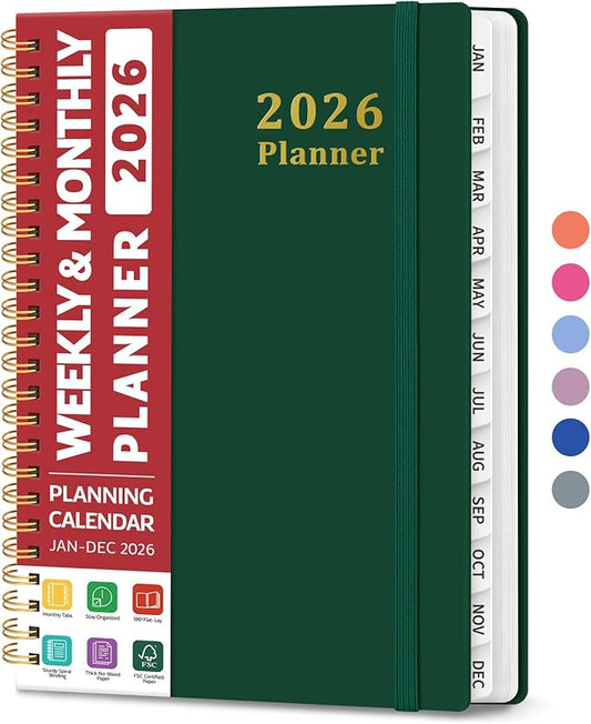 2026 Planner, Weekly and Monthly Calendar Planner, January 2026 - December 2026, Hardcover 2026 Calendar Book with Tabs For Women & Men, Inner Pocket, Spiral Bound, Perfect for Office Home School Supplies - A5 (6.3" x 8.5"), Dark Green