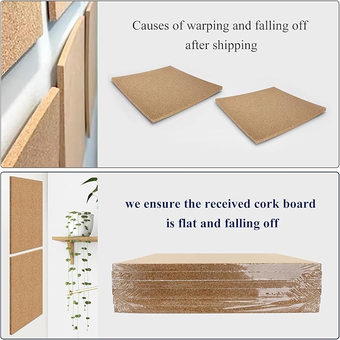 NACHLYNN Cork Board 6 Pack 12 x 12 Self-Adhesive Corkboards for Wall Square Bulletin Board with 100 Push Pins Frameless Cork Tiles for Walls Home Office