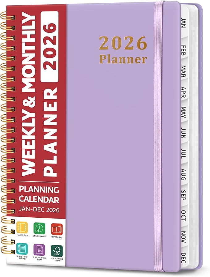 2026 Planner, Weekly and Monthly Calendar Planner, January 2026 - December 2026, Hardcover 2026 Calendar Book with Tabs For Women & Men, Inner Pocket, Spiral Bound, Perfect for Office Home School Supplies - A5 (6.3" x 8.5"), Purple