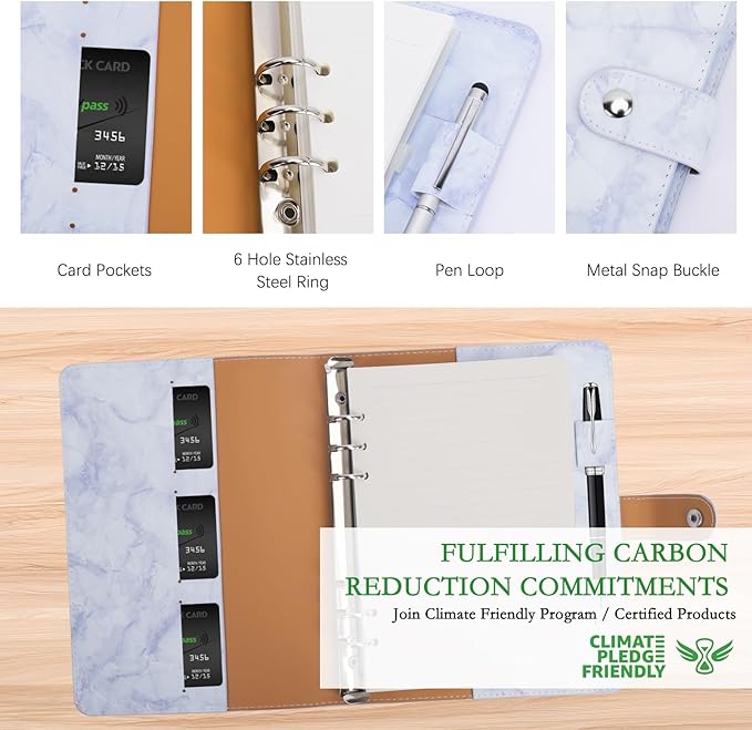 FYY A5 Binder Refillable Planner Notebook 6 Ring PU Leather Binder Journal with Pockets, Dividers, Refill Paper Marble Blue