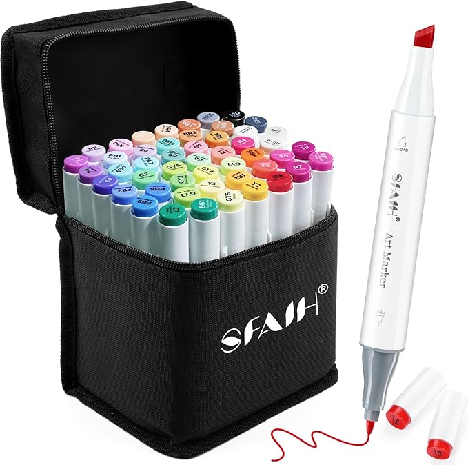 SFAIH Dual Tip Adults Coloring Books Markers - 49 Vibrant Colors, Permanent Alcohol Markers for Adults Coloring Drawing Sketch Illustration Poster Wood Fabric, Permanent Fade Resistant [Storage Case]