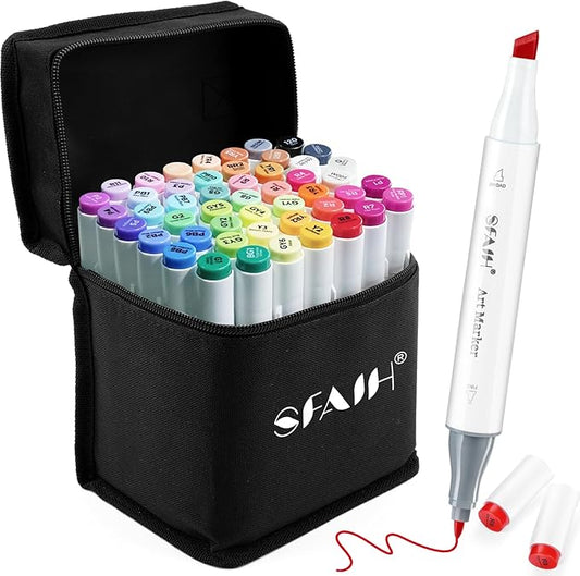 SFAIH Dual Tip Adults Coloring Books Markers - 49 Vibrant Colors, Permanent Alcohol Markers for Adults Coloring Drawing Sketch Illustration Poster Wood Fabric, Permanent Fade Resistant [Storage Case]