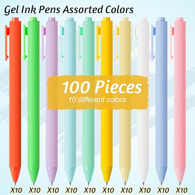 Crtiin 100 Pcs Gel Ink Pens Bulk, Black Ink 0.5mm Fine Point Retractable Pen Smooth Writing Office Supplies for Teacher Server Nurse Valentine Galentine Gift (Macaron)