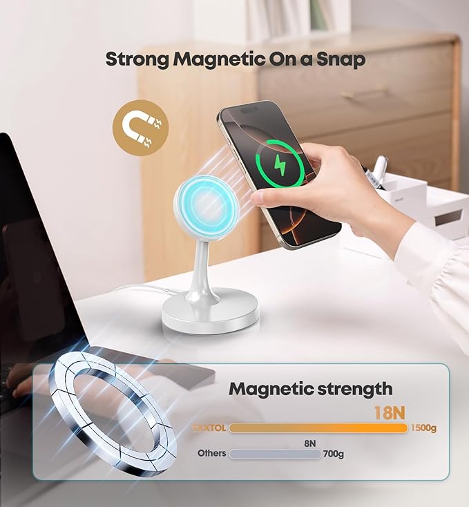 Magnetic Wireless Charger iPhone Stand, 15W Fast Mag-Safe Charger iPhone 17/17 Air/17 Pro/17 Pro Max 16/15/14/13/12 Series Magnet Wireless Charging Station/Pad/AirPods for Home, Office, Travel
