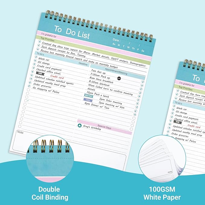 To Do List Notepad, Spiral Bound Undated Daily Planner, 52 Sheets 8.5" X 10.5" Tear Off Task Planning Pad with Checklist, For Work Office Home