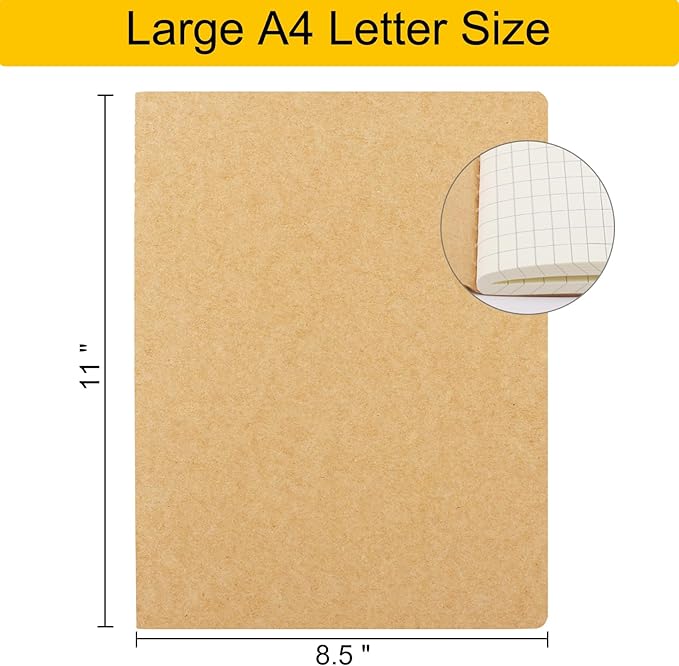 EUSOAR Kraft Graph Notebook, 12 Packs Large A4 8.5" x 11"，40 Sheets/ 80 Pages Journals in Bulk for Writing, Grid Paper Sketchbooks Composition Travel Journal Notebook Set, for Students and Office