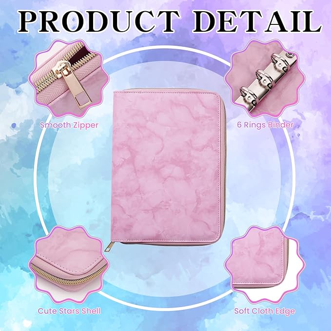 100 Sheets Gradient A5 Refill Papers for Planner Binder Insert with Pink Pu Leather Binder Cover, Refillable 6 Ring Binder Journal with 120GSM Thick Watercolor Notebook Filler for Girls Women