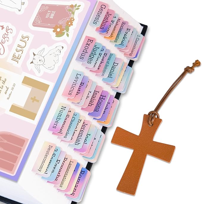 Bible Tabs with Gold Feather Bookmark, Laminated Bible Tabs for Women Men, Christian Gifts for Easy Navigation, Bible Book Index Tabs Labels, Bible Study Supplies, Rainbow