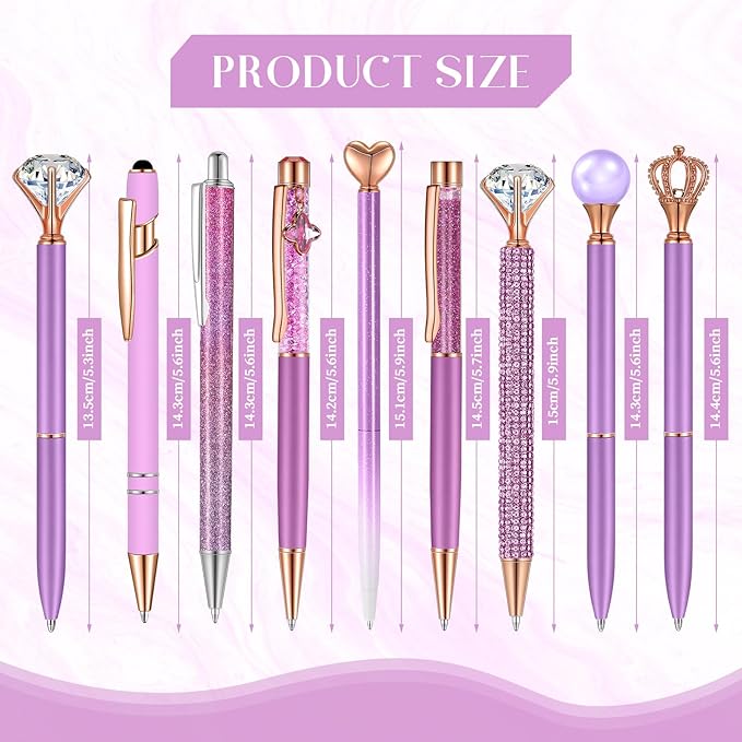 Janmini 9 Pcs Ballpoint Pens Set Metal Crystal Diamond Glitter Pens for Journaling Black Ink Pretty Cute Things Fancy Stationery Gifts for Women Girls Birthday Home Office Desk(Violet)