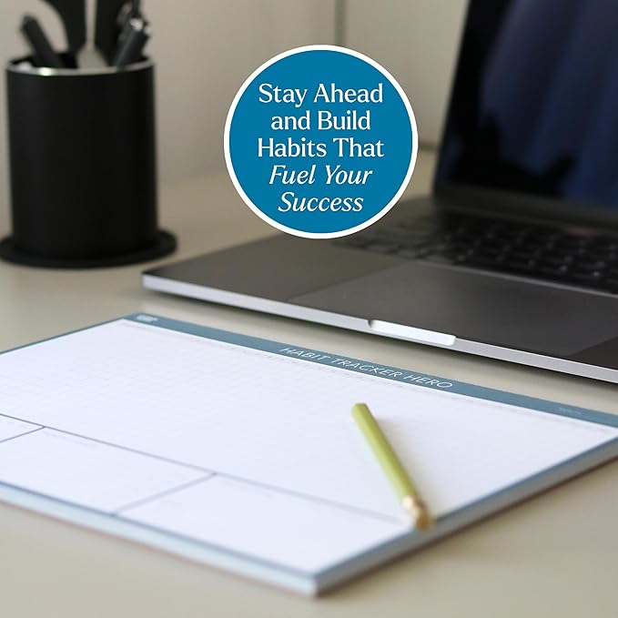 Habit Tracker Hero Desk Pad by Clear Mind Concepts® – 24 Monthly Undated Tear-Off Sheets - 160gsm Thick Paper - Includes Daily & Weekly Sections - A4 Size (Grey Blue, A4 Landscape)
