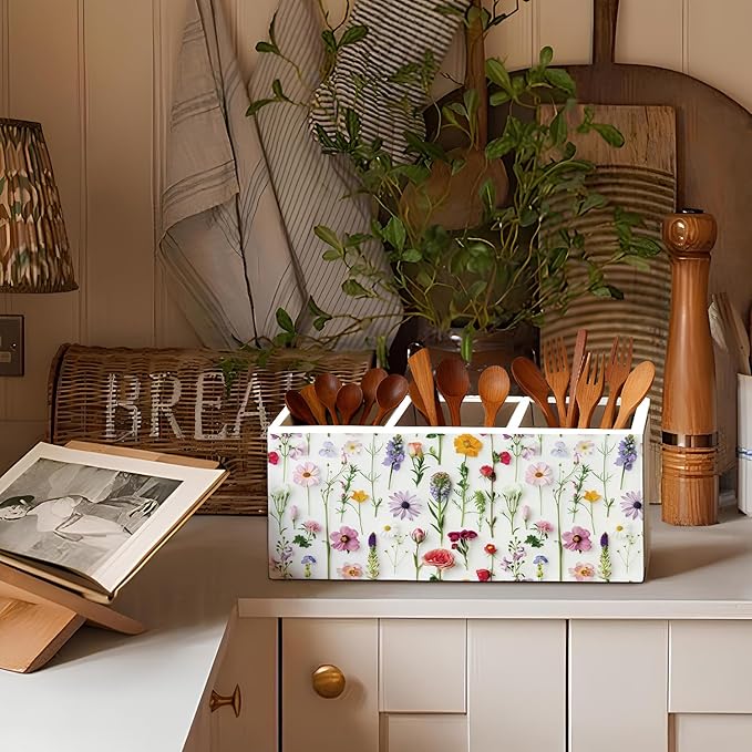 Floral Pen Pencil Holder for Desk Accessories, Cottagecore Colorful Wildflower Botanical Wooden Box Sign Decorations for Girls Room Bedroom Dorm Home Office Desk Tabletop
