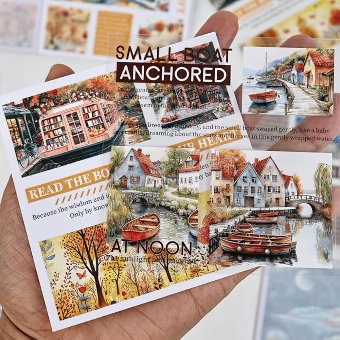 40 Sheets Diecut Washi Sticker Books for Scrapbooking, Summer Seaside Coastal Waves and Gold Fall Fairytale Theme Decorative Stickers for Journaling, Junk Journal Supplies, Scrap Book