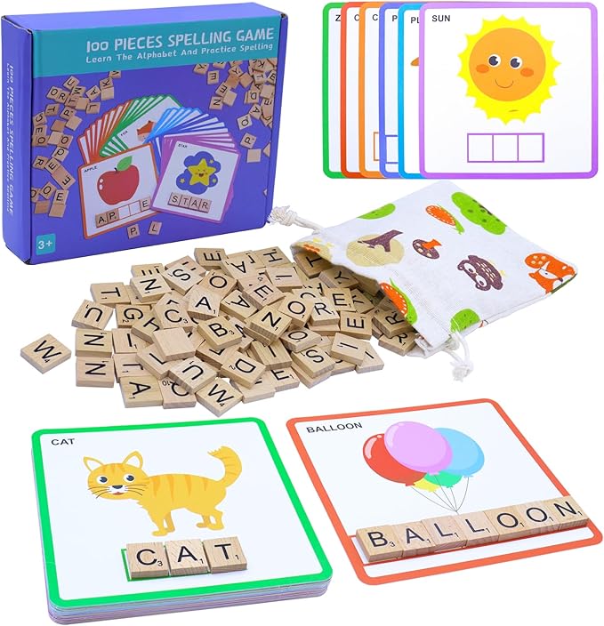 Spelling Games, Sight Word Games for Kids 3-8, 30 Double-Sided Alphabet Flash Cards, 100 Wooden Letters, Preschool Learning Activities Toys, Montessori Educational Toys Gifts for Kids