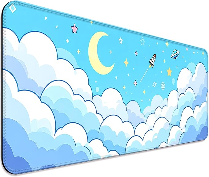 Minimalist Blue Gradient Clouds XL Large Desk Mat, Extended Long Star and Moon Desk Pad for Gaming and Office, Non-Slip Rubber Base, Comfortable Surface Sky Mouse Pad, 31.5x11.8 in