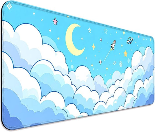 Minimalist Blue Gradient Clouds XL Large Desk Mat, Extended Long Star and Moon Desk Pad for Gaming and Office, Non-Slip Rubber Base, Comfortable Surface Sky Mouse Pad, 31.5x11.8 in