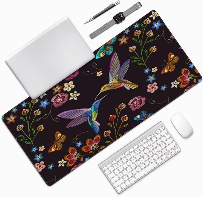 Extra Large Mouse Pads Hummingbirds and Flowers XXL Mousepad with Stitched Edges Humming Birds Non-Slip Rubber Base Computer Keyboard Pad Desk Mat for Home Office Desk Decor, 35.4" X 15.7"
