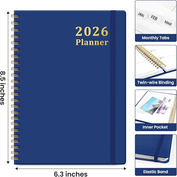2026 Planner, Weekly and Monthly Calendar Planner, January 2026 - December 2026, Hardcover 2026 Calendar Book with Tabs For Women & Men, Inner Pocket, Spiral Bound, Perfect for Office Home School Supplies - A5 (6.3" x 8.5"), Deep Blue