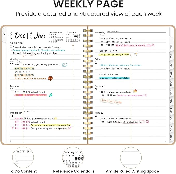 2026 Planner, Weekly and Monthly Calendar Planner, January 2026 - December 2026, Hardcover 2026 Calendar Book with Tabs For Women & Men, Inner Pocket, Spiral Bound, Perfect for Office Home School Supplies - A5 (6.3" x 8.5"), Oat Brown