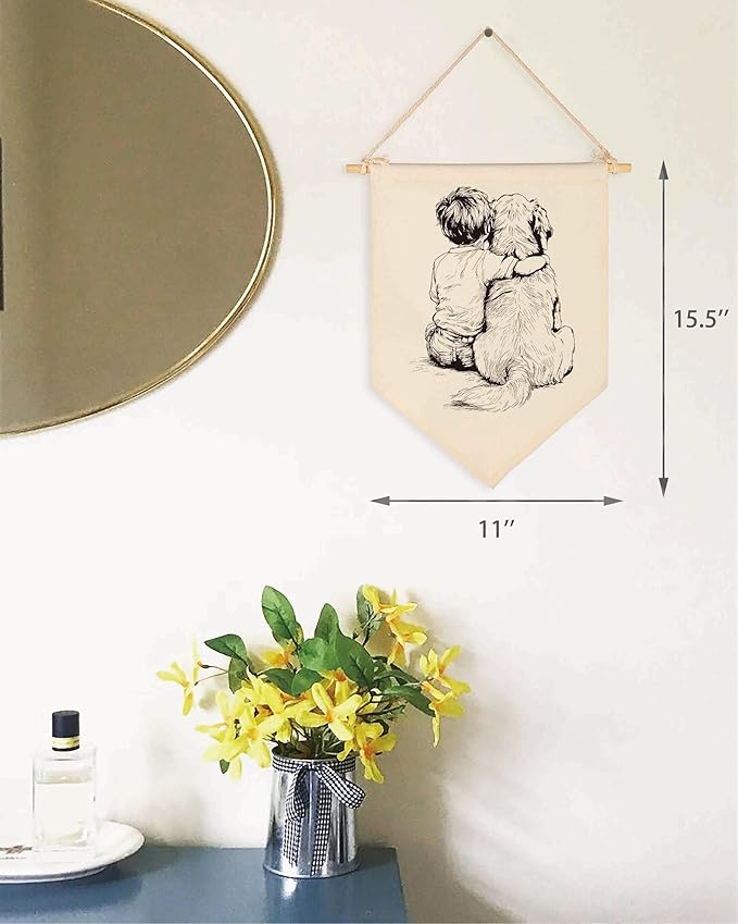 Dog Drawing-Canvas Banner Flag Pennant Poster Sign Wall Decor Gift for Baby Boy Kid Nursery Baby Room Bedroom Playroom Front Door Farmhouse Country-Birthday Christmas Gift-Boy and Goldendoodle