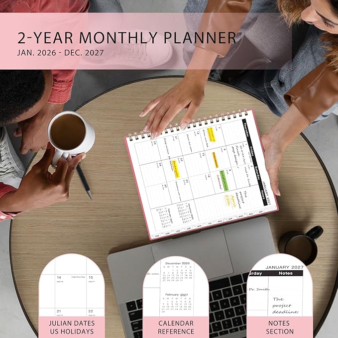 Ymumuda 2026 Planner-2 Year Monthly Planner 2026-2027, JAN.2026 - DEC.2027, 8.5" x 11", 26-27 Monthly Calendar,Large Planner with Spiral Bound, 24 Months Perfect for School Office Schedule - Pink