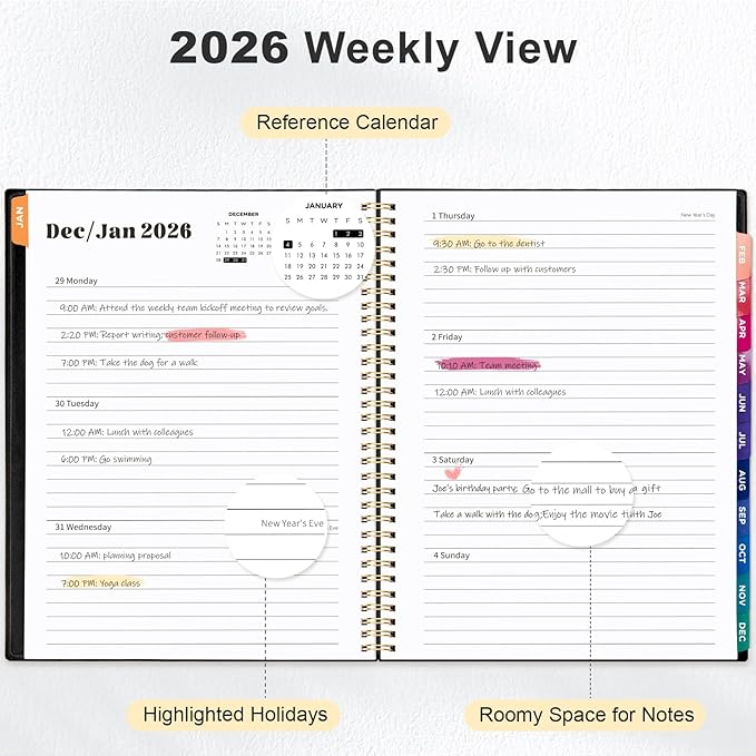 Oucaru 2026 Planner, Weekly and Monthly Planning Calendar, Jan 2026 - Dec 2026, 6.3" x 8.5", Spiral Bound, 12 Habit Trackers & Monthly Tabs, 2 Storage Pockets, Perfect for Office Home School Supplies