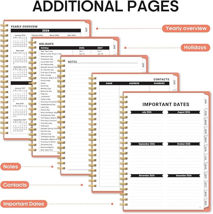 2026 Planner, Weekly and Monthly Calender Planner, Jan 2026 to Dec 2026, Hardcover 2026 Calendar Book with Tabs & Inner Pocket, Office Home School Supplies for Women & Men - A4 (8.5" x 11"), Coral
