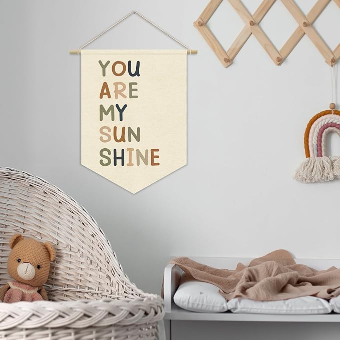 Nursery Decor,You Are My Sunshine Positive Affirmation Kids Wall Art Canvas Banner Wall Hanging Pennant Flag Canvas Banner for Playroom Classroom Baby Kids Bedroom 15x11in