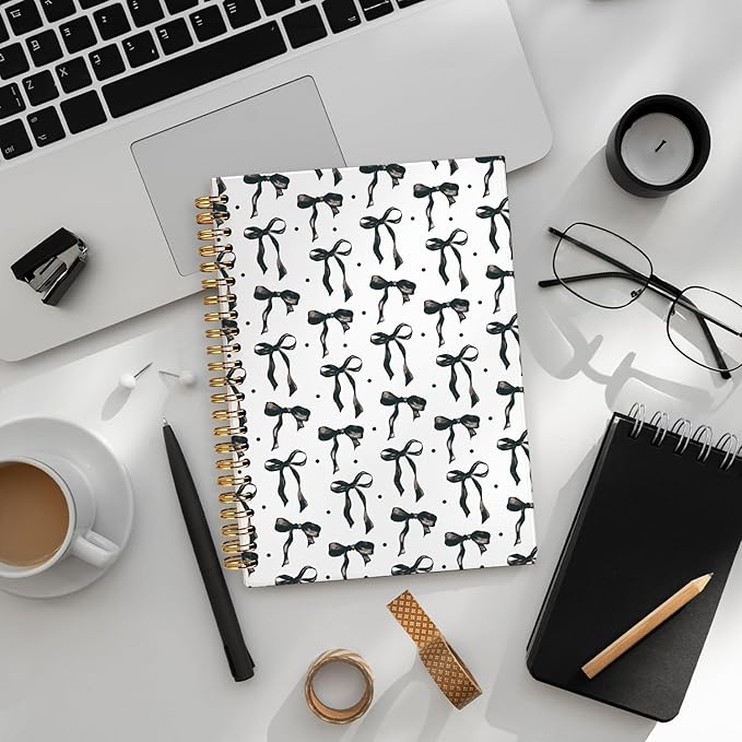 LIANGW Coquette Black Bow Notebook Journal for Teen Girls & Women, Preppy Cute Journal Gifts for Women, Girly Gifts, Black Bow Office Supplies, Hardcover Spiral Notebook, 5.5x8.3 Inch