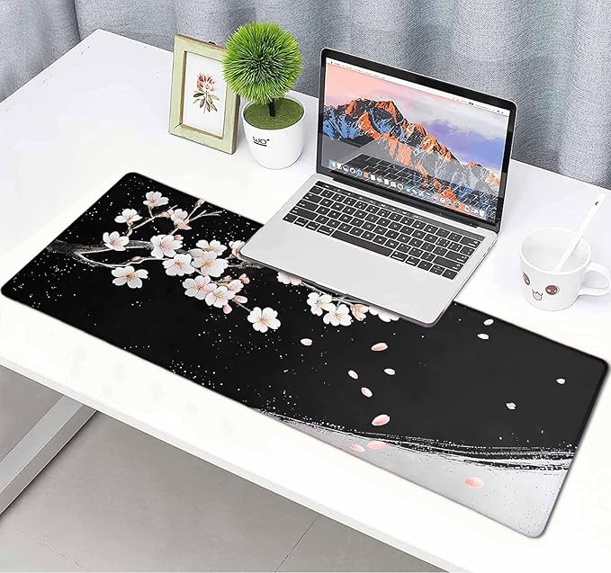 Black and White Japanese Cherry Blossom Large Mouse Pad, Desk Mat Computer Keyboard Pad Non-Slip Rubber Base Waterproof with Stitched Edges for Laptop Gaming, Office & Home 31.5 x 11.8 Inch
