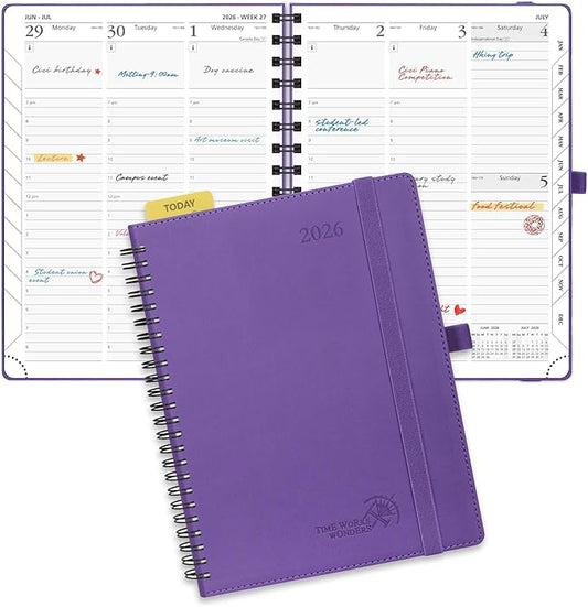 POPRUN 2026 Planner (Medium - 6.5'' x 8.5'') with Hourly Schedule & Vertical Layout - 2026 Weekly Calendar (Jan. 2026 - Dec.2026) for Time Management, Monthly Tabs, Spiral Bound, Soft Cover - Purple