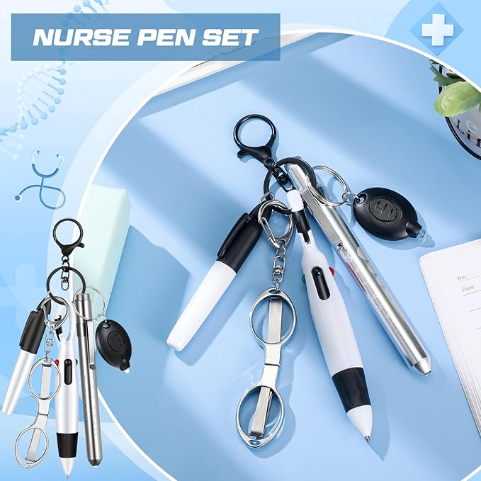 6 Pcs Nurse Pen Set Include Permanent Marker Pen Pen Lights for Nurses Retractable Ballpoint Pen Nursing Keychain Clip Foldable Scissors LED Flashlight Keychain for Nurse Accessories (Silver)