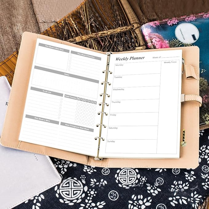 Weekly Planner Refills for 3 or 7 Ring Mini Binders - 53 Sheets/106 Pages Undated Weekly Planner, 100 gsm White Paper, Lasts 1 Year, Undated, 5.8" x 8.3", Black