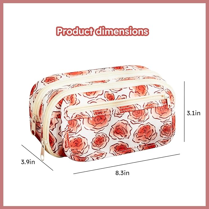 Rose Large Pencil Case Pouch Coquette Aesthetic Floral Big Stationery Bag with 50pcs Rose Stickers for Office College Makeup Adults