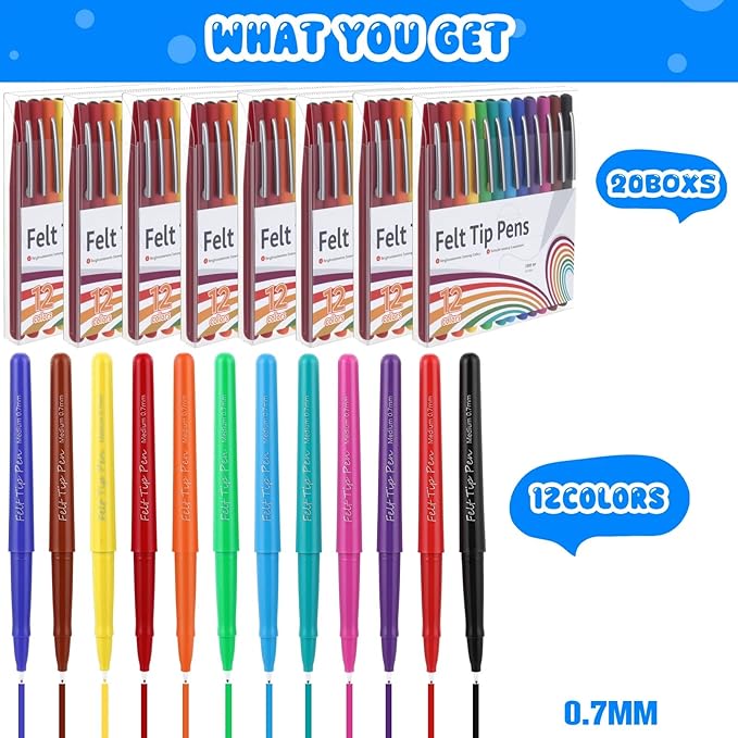 240 Pcs Felt Tip Pens 0.7mm Medium Point Felt Pen Bulk 12 Colors Markers Journal Planner for Teachers Journaling Writing Note Art Office Supplies