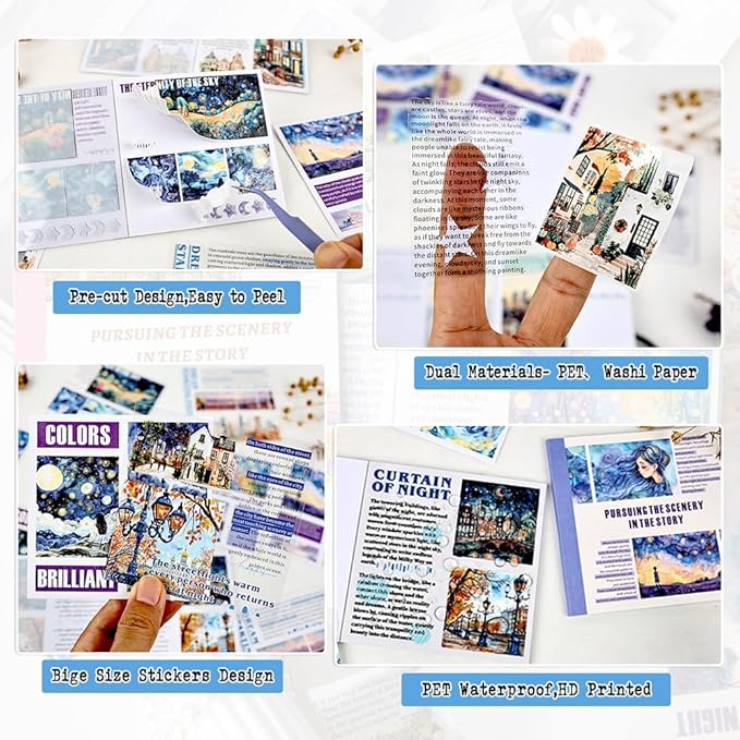 Dwpetzo 40 Sheets Pre-Cut PET Washi Sticker Books for Journaling, 2Pack Watercolor City and Night Sky Themes, Scrap Book Stickers for Scrapbooking, Junk Journal Supplies, Aesthetic Collage