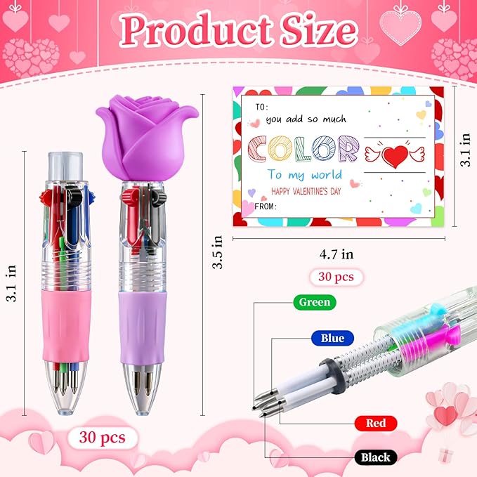 CZWZ 30Pcs Mini Multicolor Pen in One 4-in-1 Cute Pens Bulk for Kids, Ballpoint Pens for Birthdays and Children's Parties, Fun Pens Gifts Assorted Ink Kawaii Pen(Heart and Flower)