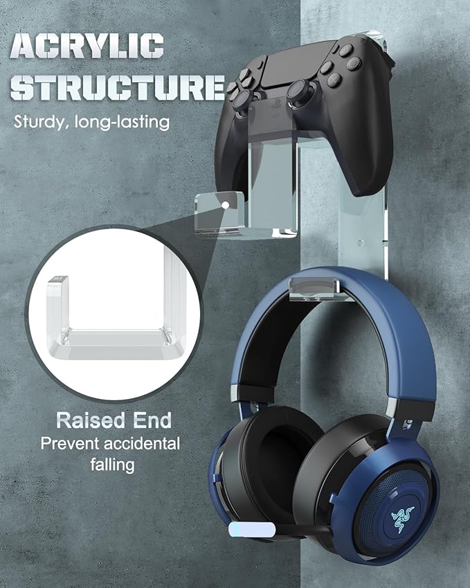 Controller Holder, Moko Dual Gamepad Headphone Hanger & Controller Fits STEAM, PS3, PS4, PS5, Xbox 360, PC, Switch/Switch 2, Wall Mount Stand for All Kinds of Headsets, Clear, Clear