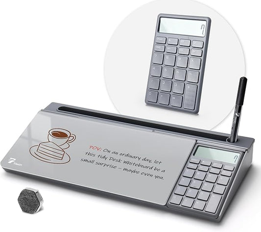TOWON Desktop Glass Whiteboard with Basic Calculator, 12 Digit LCD Display, Desk Organizers with Accessories for Office, Home, School Supplies, Storage with Dry Erase Board Surface, Gray, 18'' x 6''