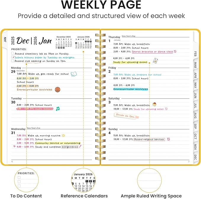 2026 Planner, Weekly and Monthly Calendar Planner, January 2026 - December 2026, Hardcover 2026 Calendar Book with Tabs For Women & Men, Inner Pocket, Spiral Bound, Perfect for Office Home School Supplies - A5 (6.3" x 8.5"), Yellow