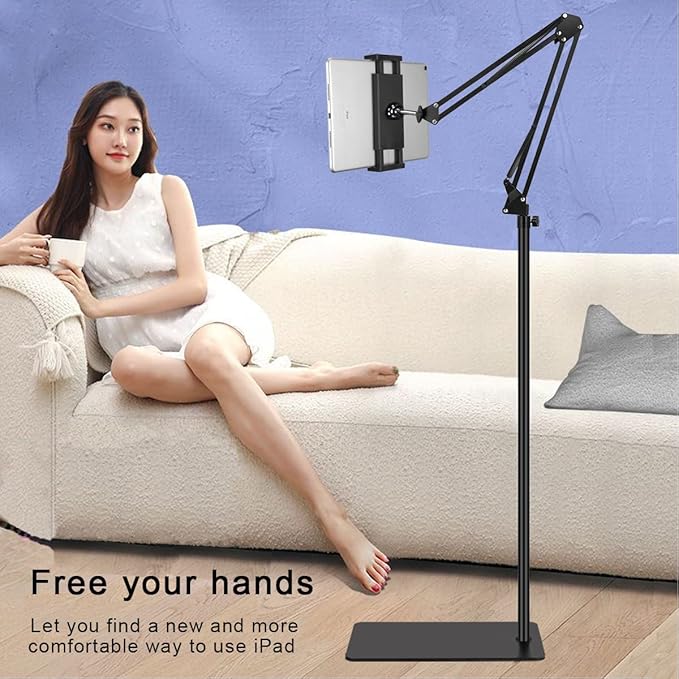 Tablet Floor Stand with Heavy Duty Base, Overhead Bed phone Stand Angle Height Adjustable Arm Stretchable Stand Holder, Compatible with iPad Mini Air Pro, Galaxy Tab, Kindle, E-Readers,Cell Phones