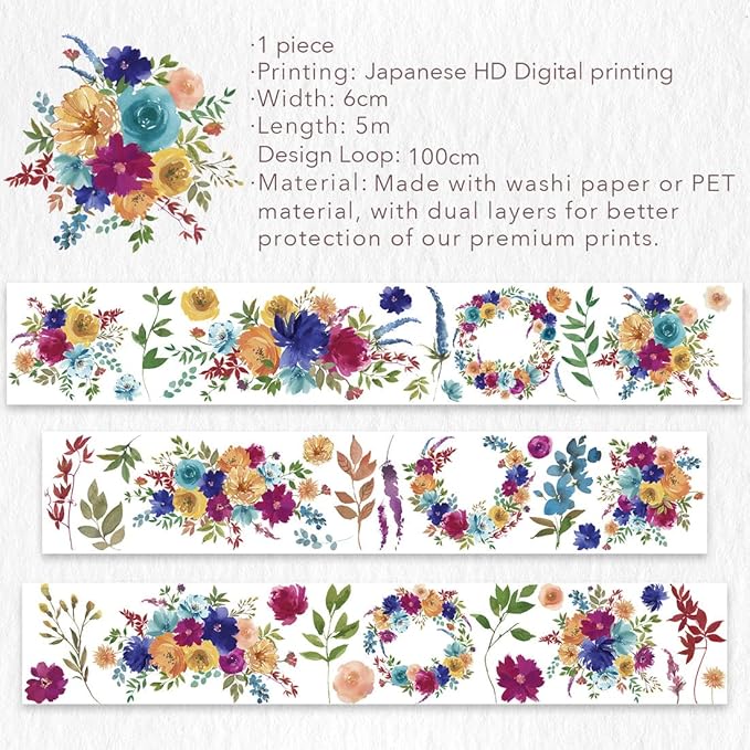 WT Pretty Florals Wide PET Tape, Single Roll, Original Designs, Floral Decorative Tape, Transparent Craft Tape for Bujo Planner & DIY Supplies, Watercolor Flowers