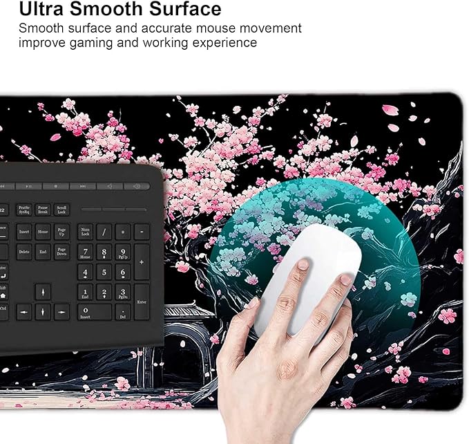 Black Japanese Cherry Blossom Large Mouse Pad, Desk Mat Computer Keyboard Pad Non-Slip Rubber Base Waterproof with Stitched Edges for Laptop Gaming, Office & Home 31.5 x 11.8 Inch (XL-21)