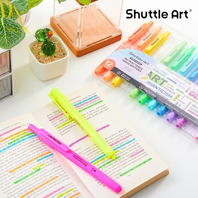Shuttle Art Retractable Highlighters Assorted Colors, 12 Colors(6 Pastel & 6 Neon)Chisel Tip Fluorescent Markers, Quick-Dry Aesthetic Highlighter Pens for Kids Teens Adults, Perfect for School Office