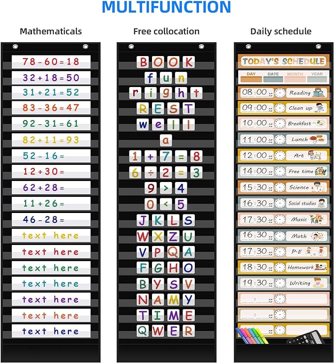 REGELETO Boho 18+1 Pockets Daily Schedule Pocket Chart, 30 pcs Double-Sided Reusable Cards, Scheduling Pocket Chart for Classroom Office Home School Activity(Black)
