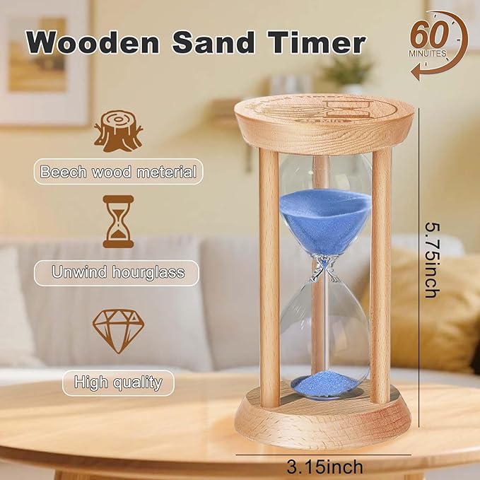 SuLiao Wooden Sand Timer 60 Minute Hourglass, Wood Blue Sand Clock, Small Watch 60 Min Timer, Hour Glass Sandglass for Home, Reloj De Arena, Office, Decorative, Game, Classroom