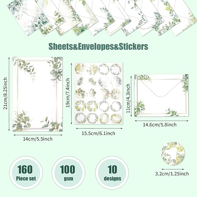 160 Pcs Eucalyptus Stationery Paper Set, 50 Stationary Paper 50 Envelopes 60 Round Dot Sticker